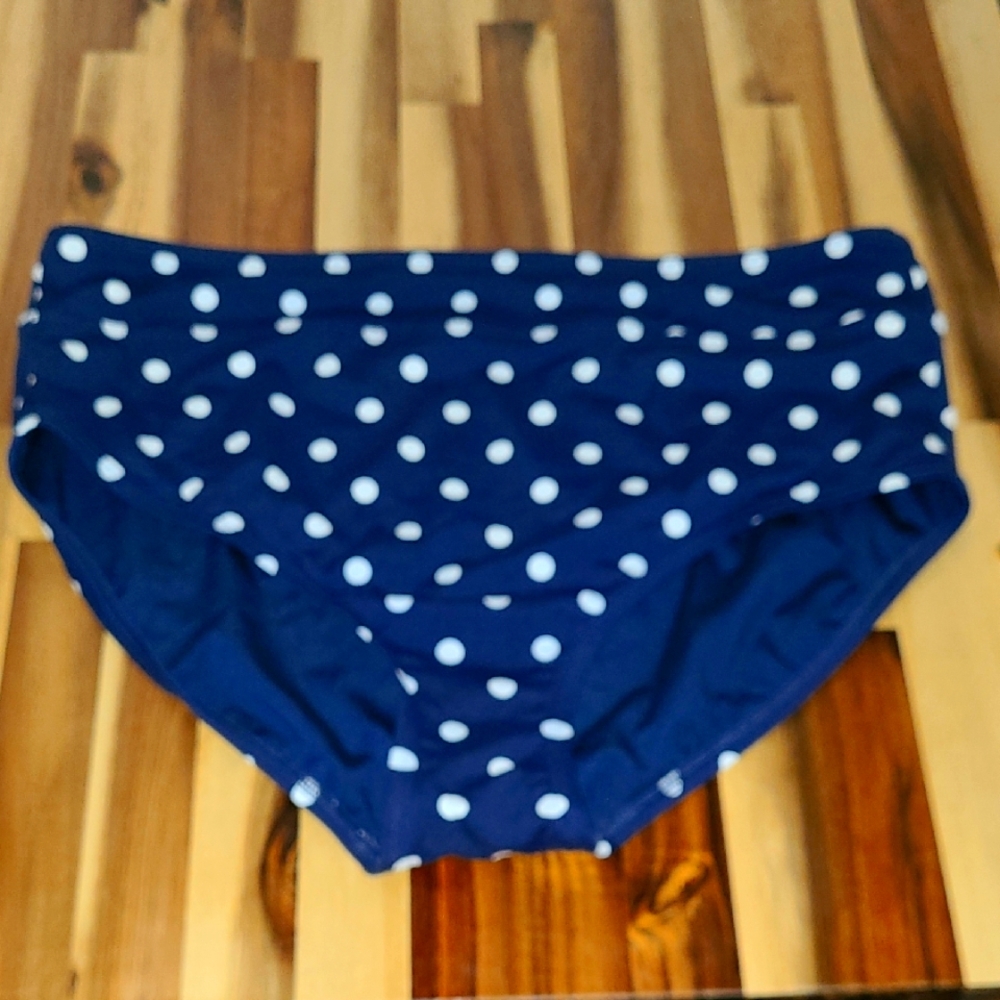 Lands' End Sz 14 High Waisted Swim Bottoms Navy With White Polka Dots